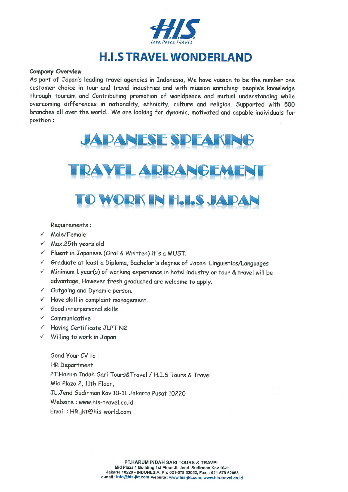 JOB VACANCY FOR JAPANESE SPEAKING TRAVEL ARRANGEMENT TO WORK IN HIS JAPAN